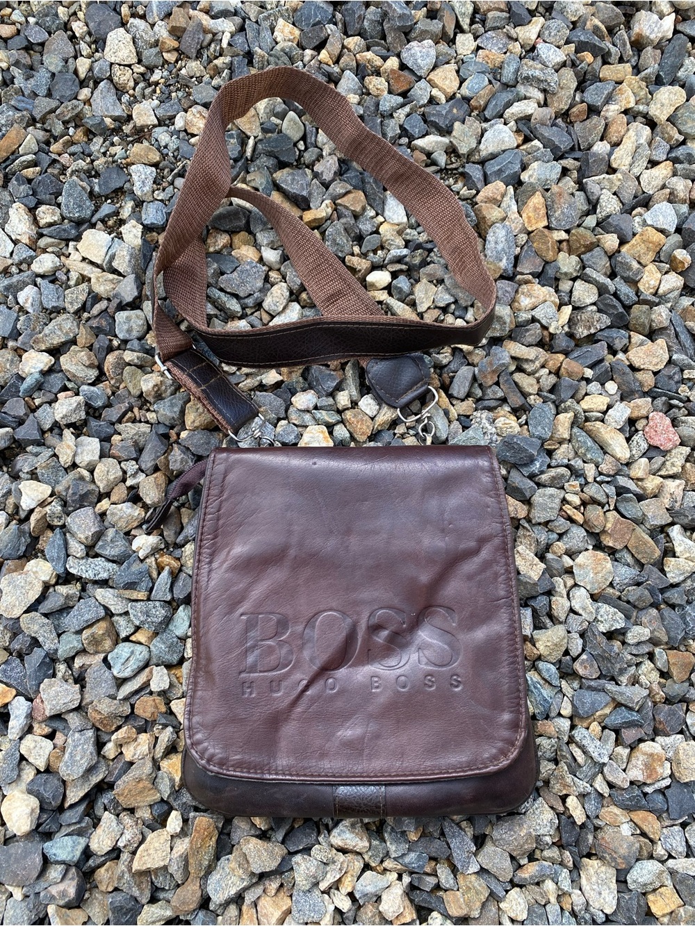 Hugo Boss vintage Dark Brown Leather Messenger Bag with Embossed BOSS